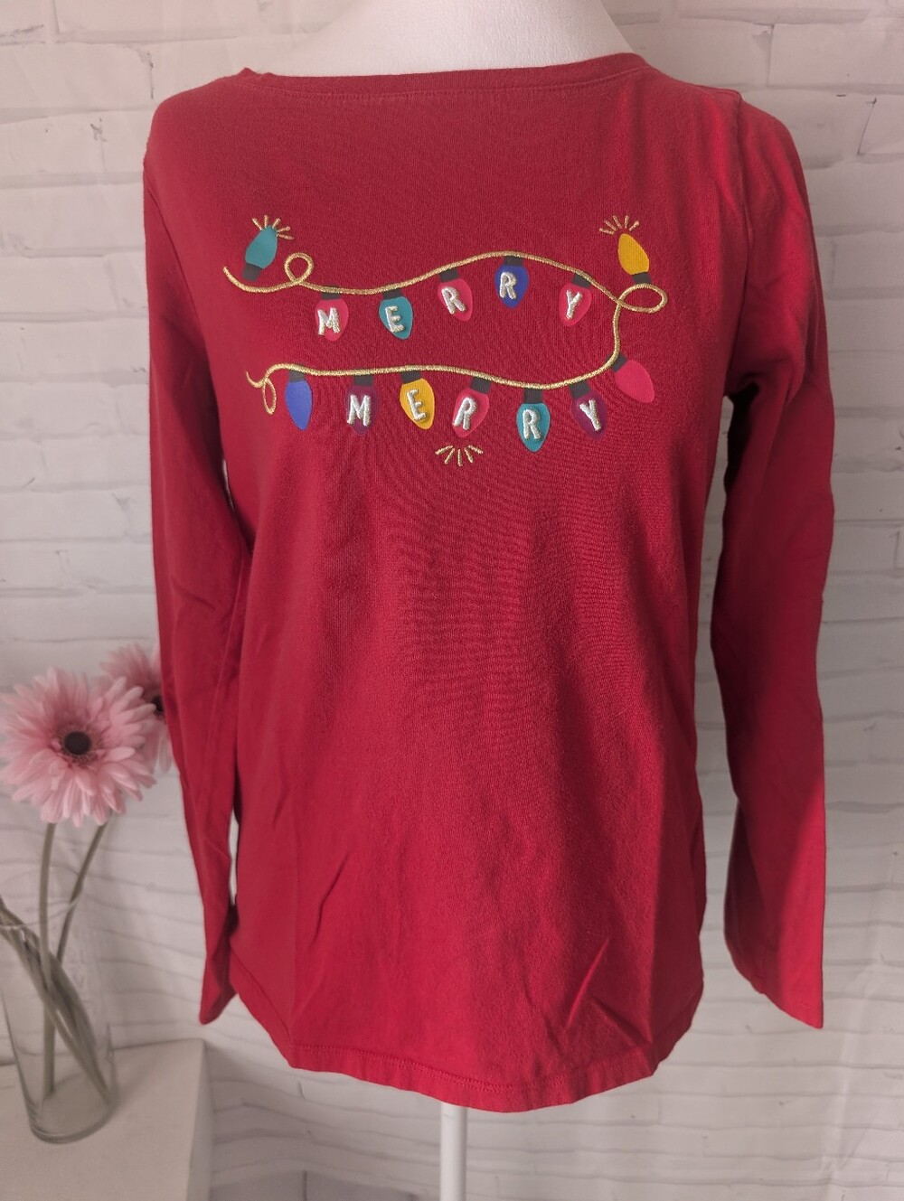 Talbots Red Long-Sleeve Tee with Holiday Light Embroidery
